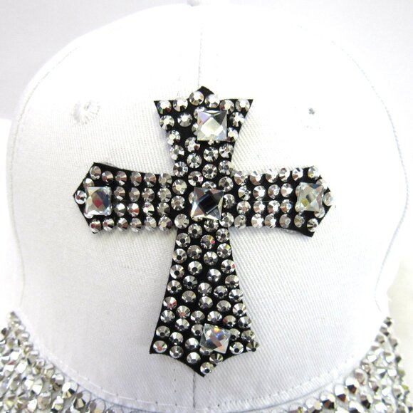 Women's Cross Design White Bling Sparkle Rhinestone Baseball Hat Cap NEW - Picture 5 of 6